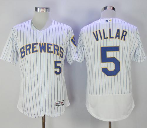 Brewers #5 Jonathan Villar White Strip Flexbase Authentic Collection Stitched MLB Jersey - Click Image to Close